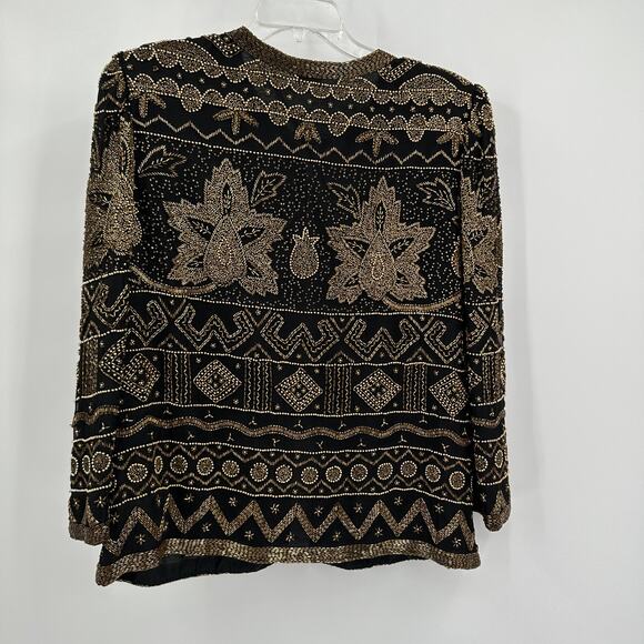 Land Mark Women Jacket Size L Silk Beaded Open Black Gold Vintage Statement Glam - Picture 2 of 7